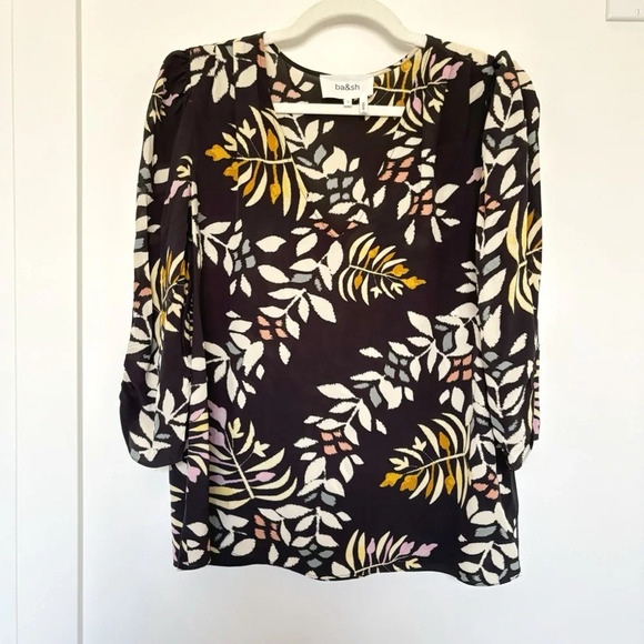 Ba&sh Black Leaf Pattern Sheer Blouse “Lady Top” Size S Puff Sleeves Feminine - Picture 3 of 8
